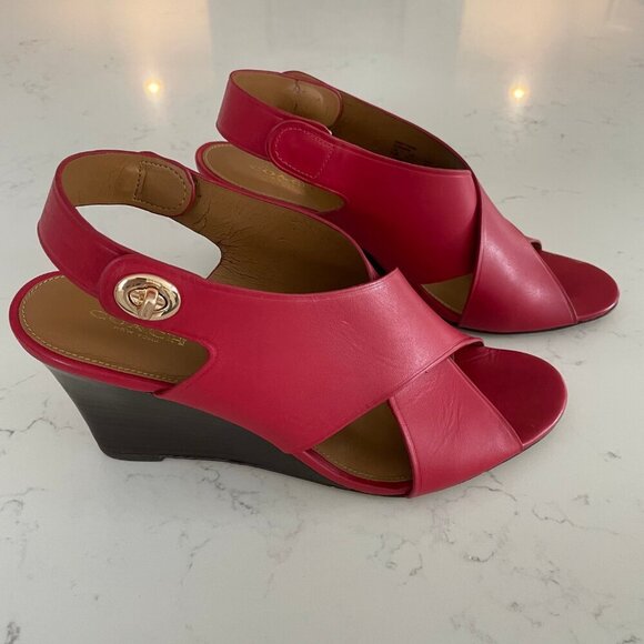 Coach Rosanne Wedge Manmade Cross Strap Sandal Turnlock Gold Hard Red Brown 9.5B - Picture 4 of 13